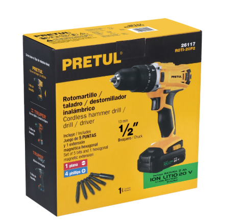 ROTOMARTILLO Y DESTORNILLADOR INALÁMBRICO  DE 1/2 MARCA PRETUL