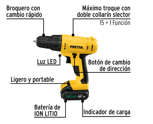 TALADRO Y DESTORNILLADOR INALÁMBRICO DE  3/8 - MARCA PRETUL