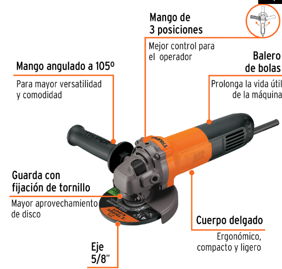 PULIDORA 700W MARCA TRUPER 41/2 LLEVA GRATIS 1 DISCO 41/2 DESBASTE METAL