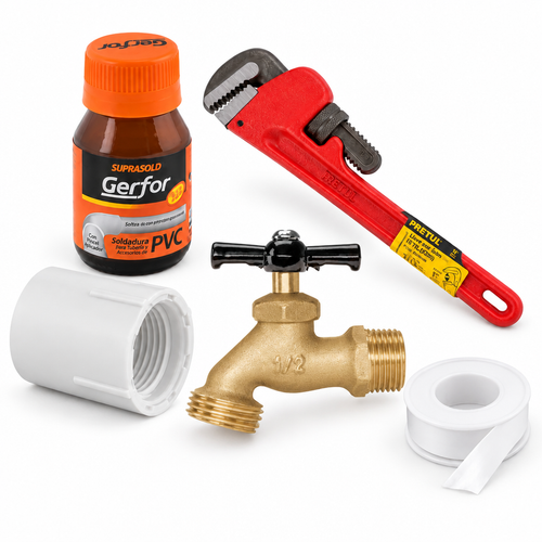 Kit con llave de jardín de manija negra sobre fondo blanco